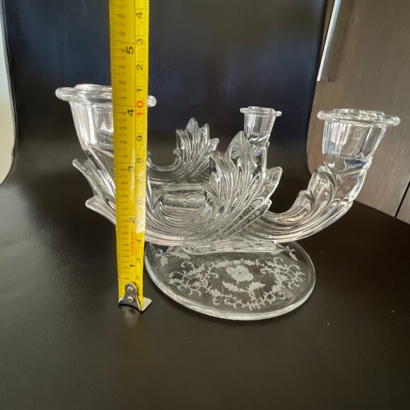 Vintage Fostoria Double Candlestick Navarre Etched Glass Flowers Base - Picture 8 of 10